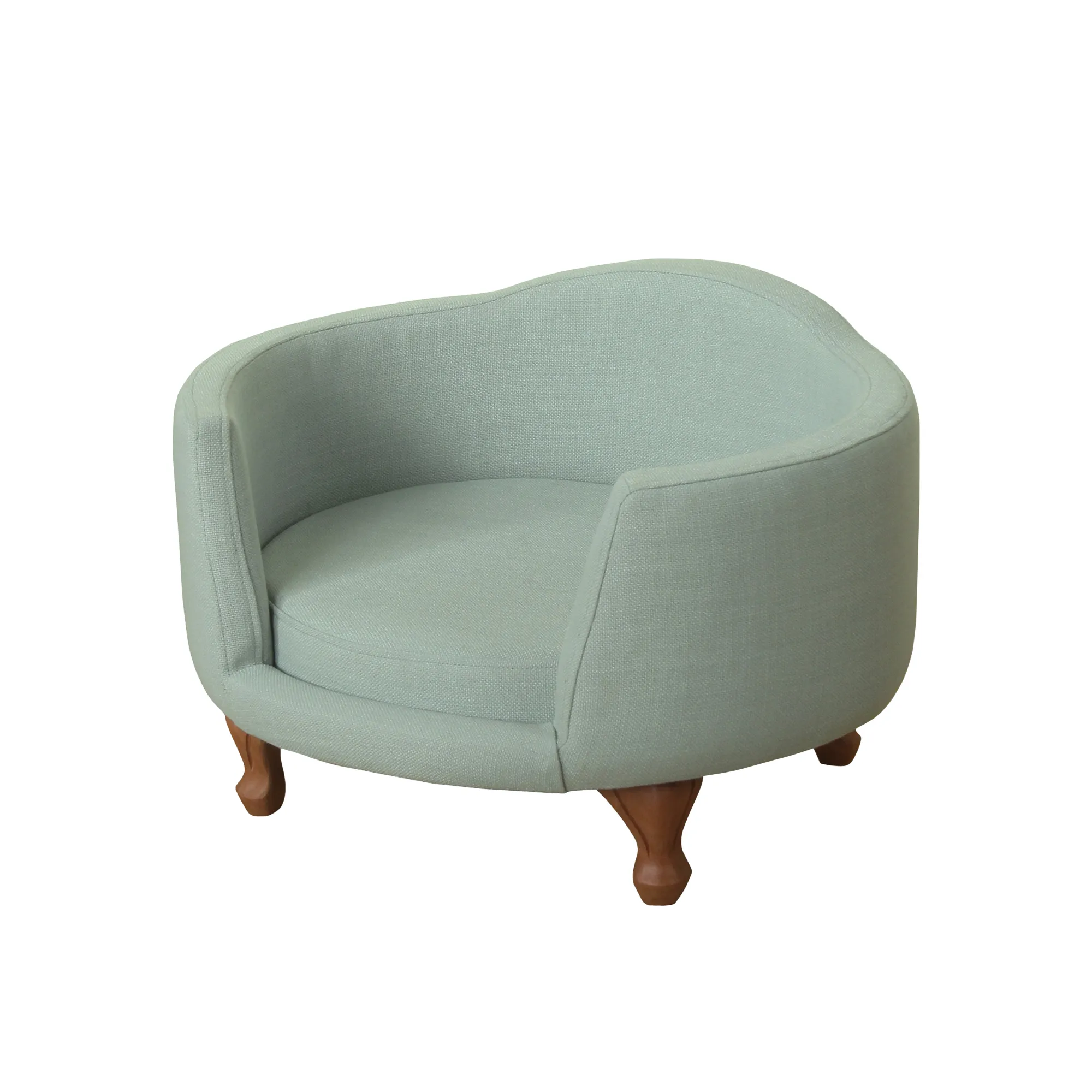 Curved Design Wooden Pet Love Seat With Fabric Upholstery, Light Blue and Brown - Benzara