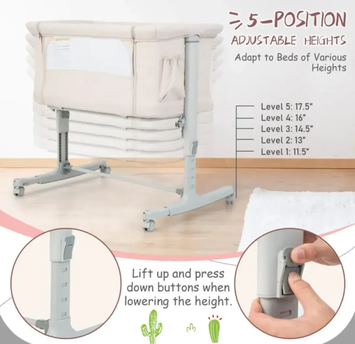 Hivvago Portable Baby Bedside Bassinet with 5-level Adjustable Heights and Travel Bag