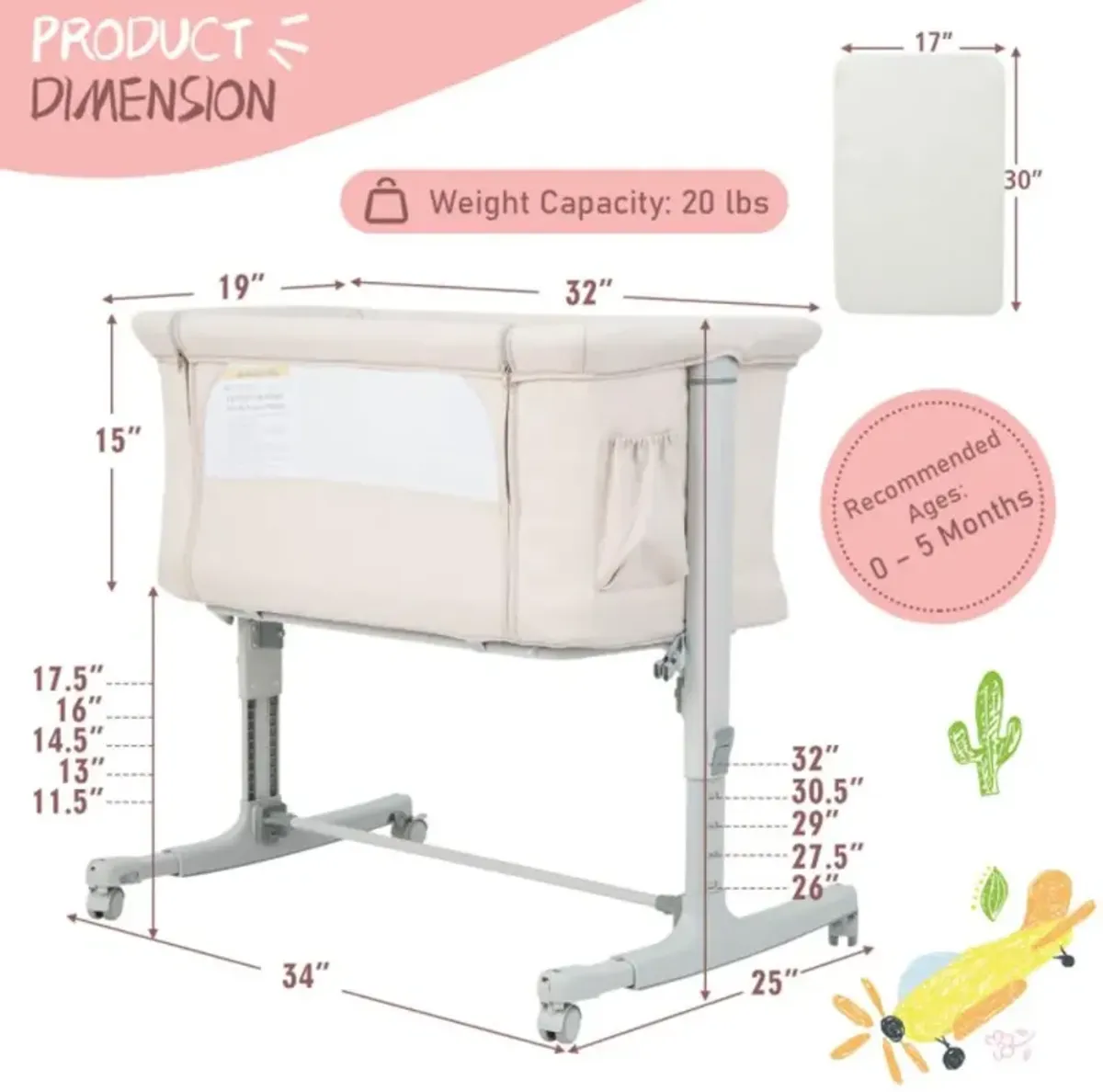 Hivvago Portable Baby Bedside Bassinet with 5-level Adjustable Heights and Travel Bag