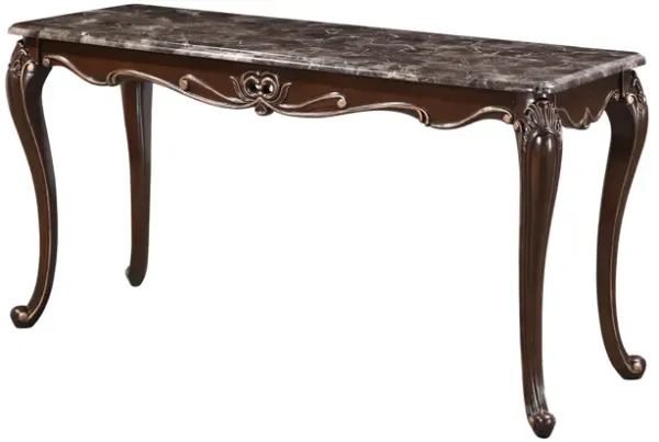 Cona 58 Inch Console Table, Carved Gold Accents, Cherry Brown, Gray, White