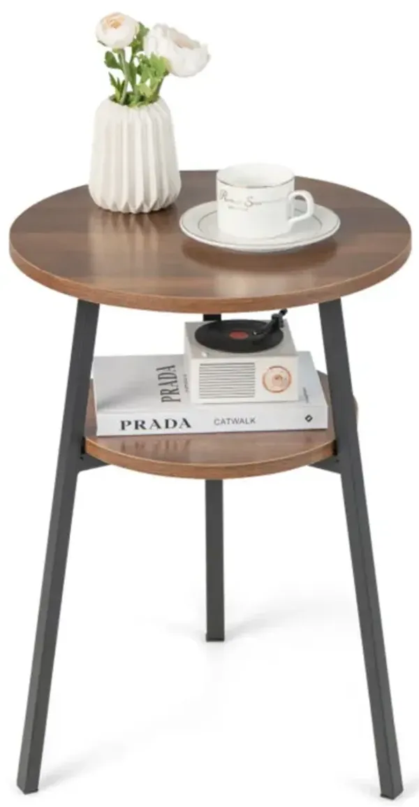 2-Tier Round End Table with Open Shelf and Triangular Metal Frame