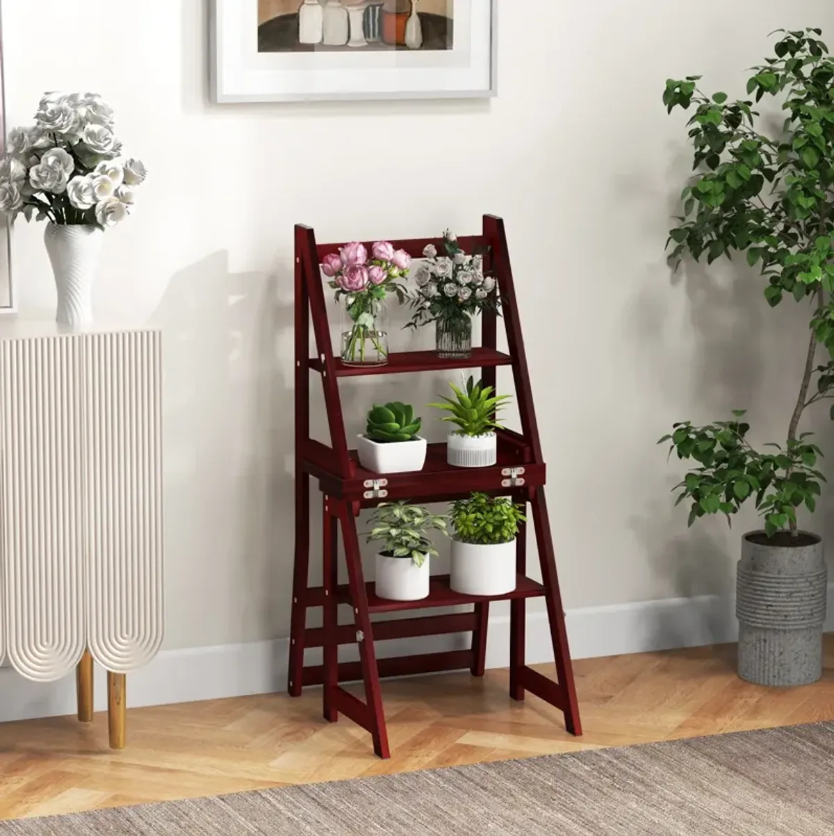 Multifunctional 3-in-1 Ladder Chair Display Plant Stand for Library Kitchen Office