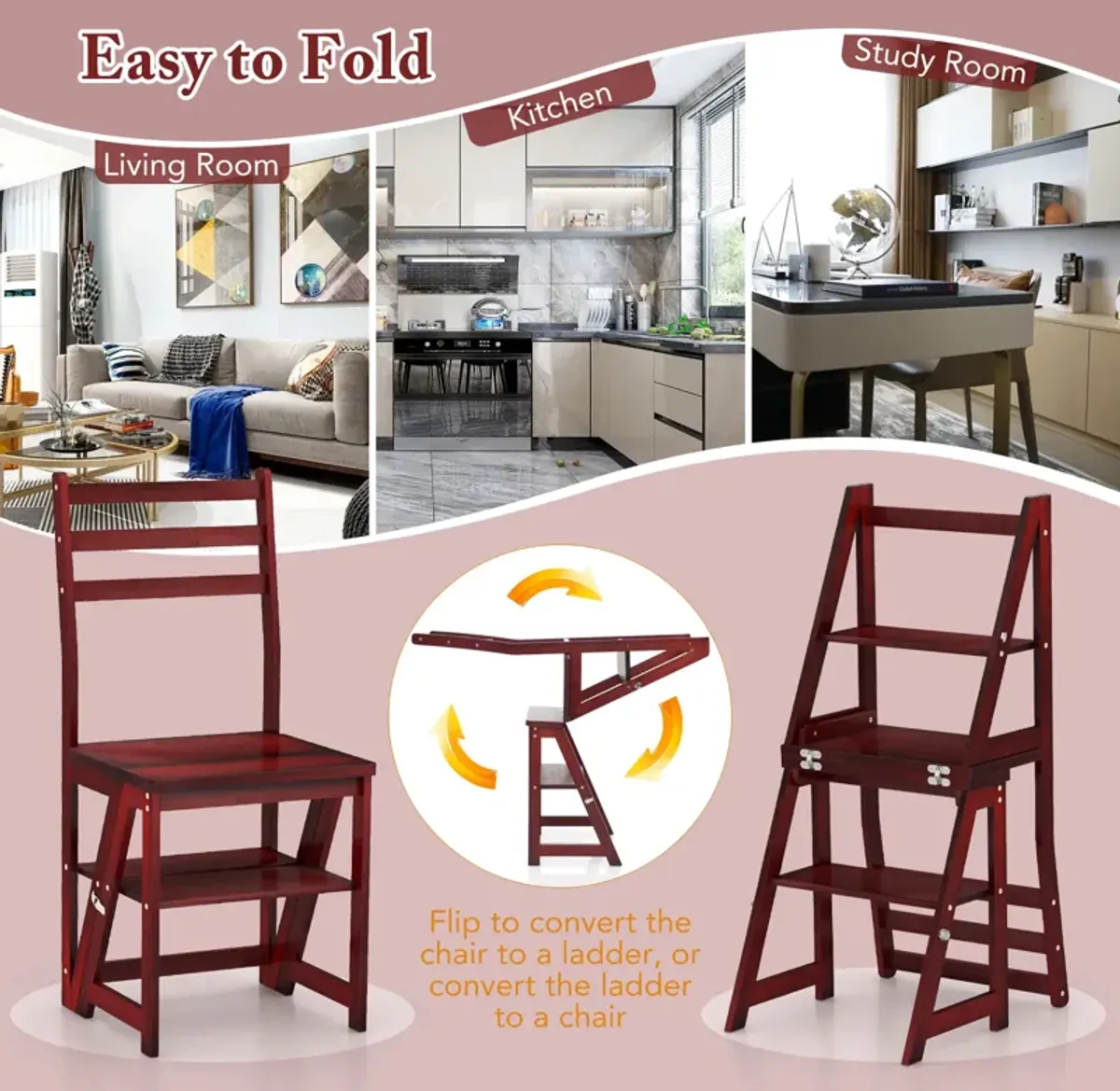 Multifunctional 3-in-1 Ladder Chair Display Plant Stand for Library Kitchen Office