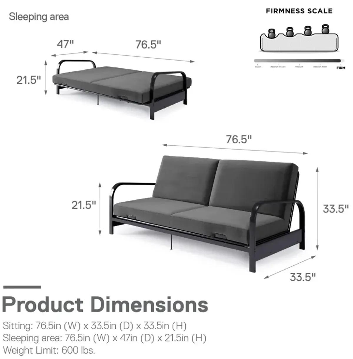 Millie Convertible Metal Frame Futon Sofa with Coil Mattress with Multiple Positions for Seating and Sleeping