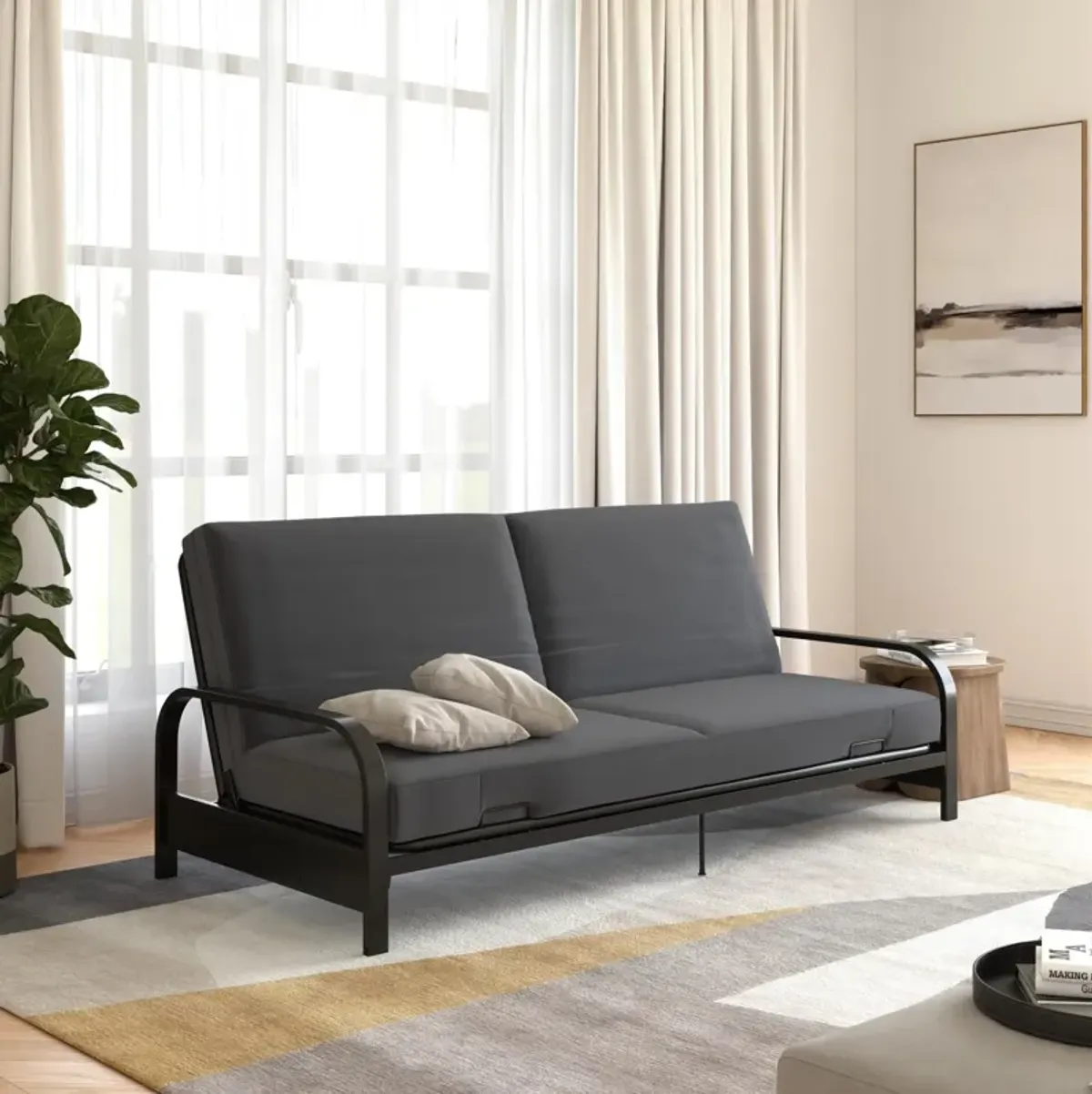 Millie Convertible Metal Frame Futon Sofa with Coil Mattress with Multiple Positions for Seating and Sleeping