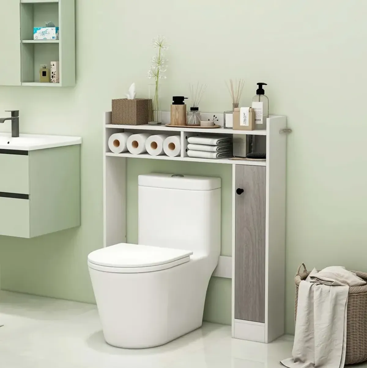 Costway Over the Toilet Bathroom Cabinet Floor Storage Organizer with Adjustable Shelves White