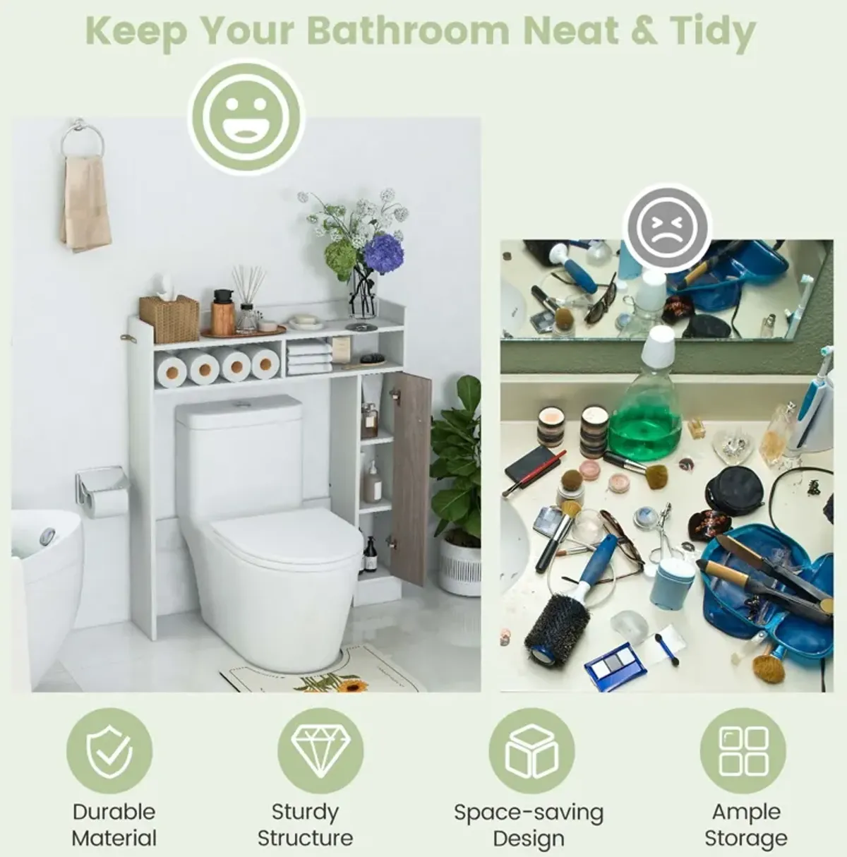 Costway Over the Toilet Bathroom Cabinet Floor Storage Organizer with Adjustable Shelves White