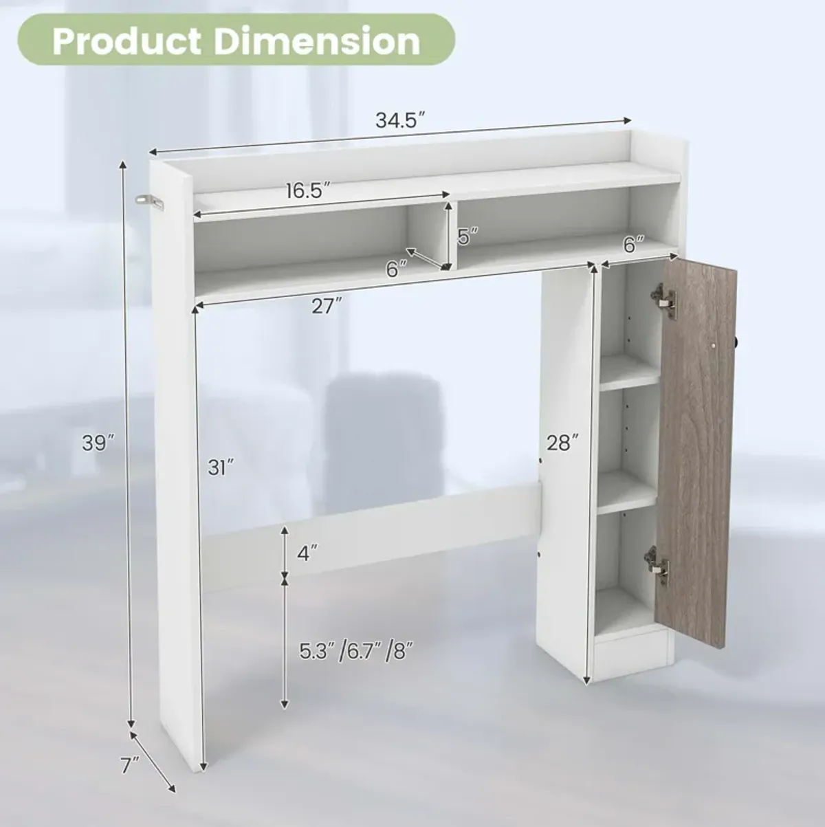 Costway Over the Toilet Bathroom Cabinet Floor Storage Organizer with Adjustable Shelves White