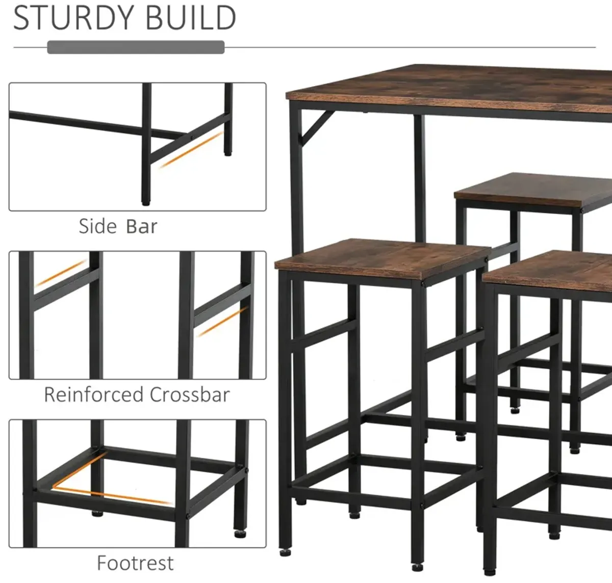 Rustic Dining Set: Industrial 5-Piece Bar Table and Stools