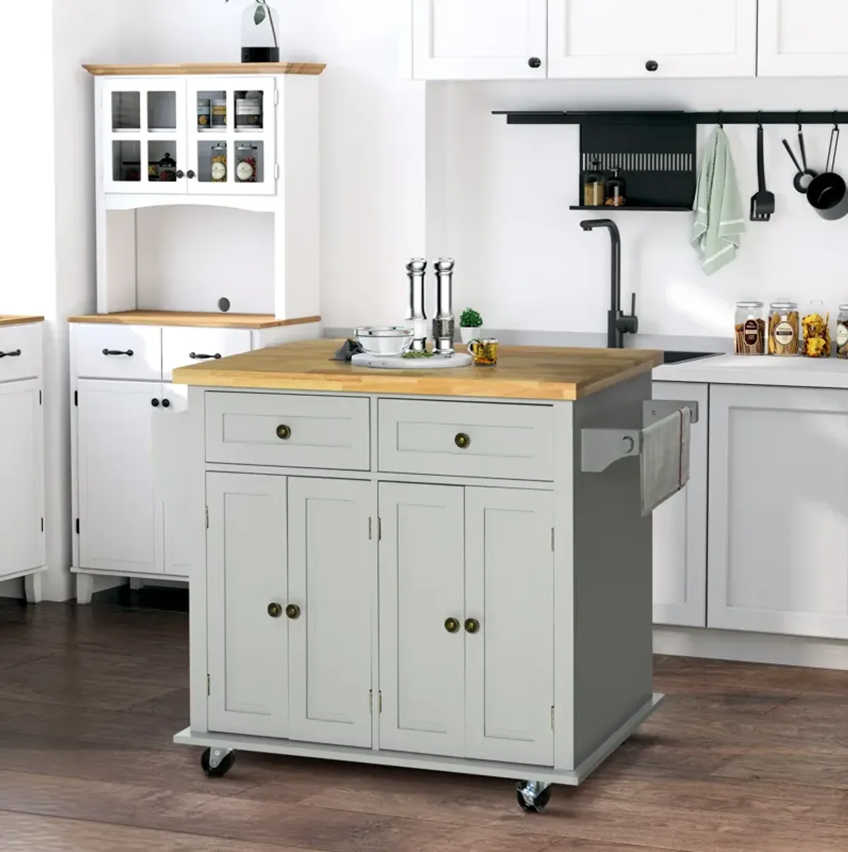 Rolling Kitchen Microwave Island with Flexible Storage Shelf Unit and Drawers