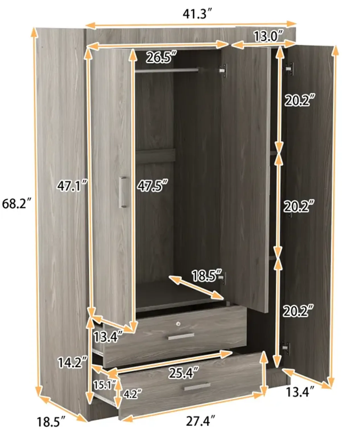 Merax 3-Door Wardrobe with 2 Drawers