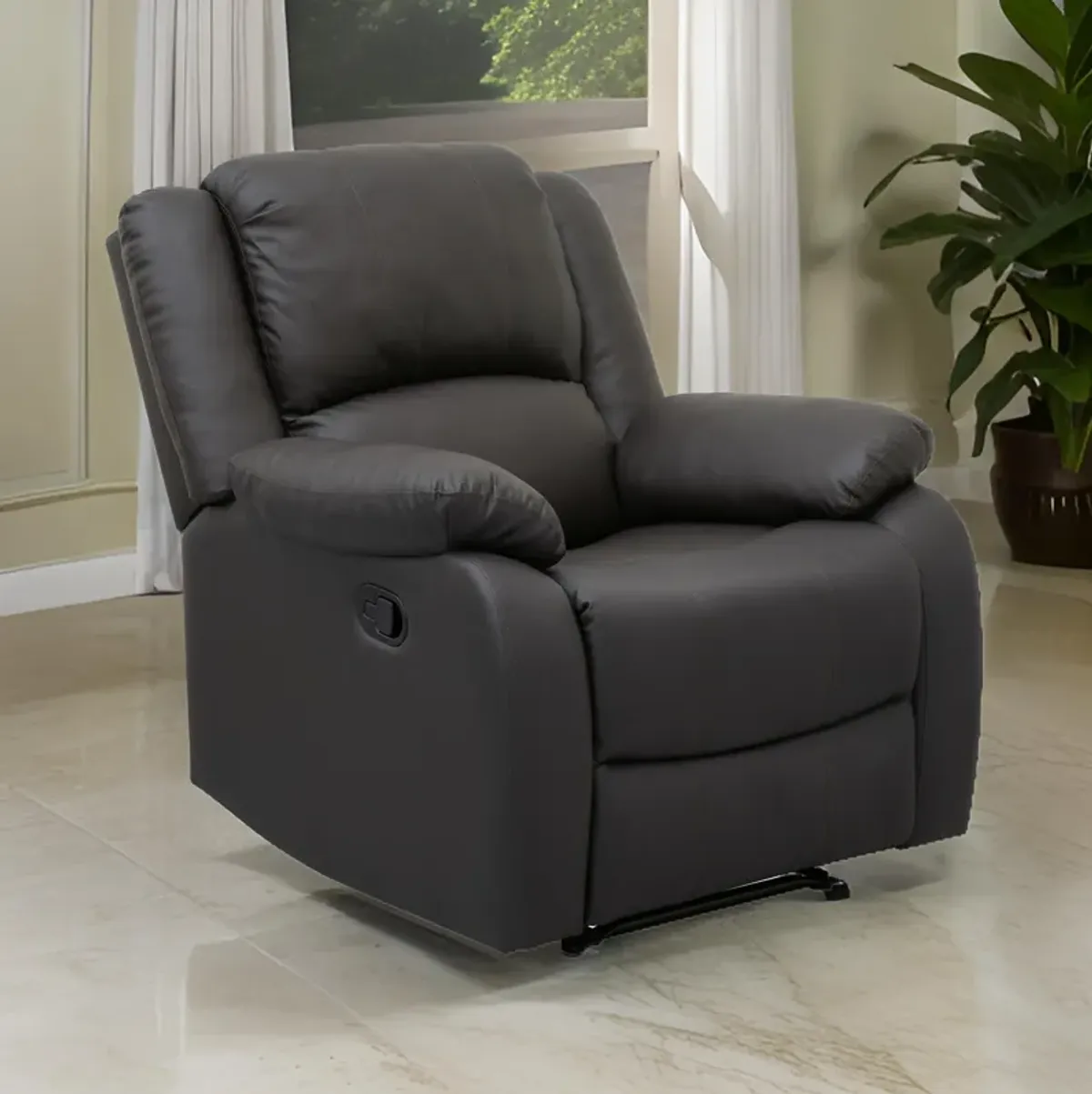 Chris 38 Inch Manual Recliner Chair, Solid Wood, Black Faux Leather - Benzara