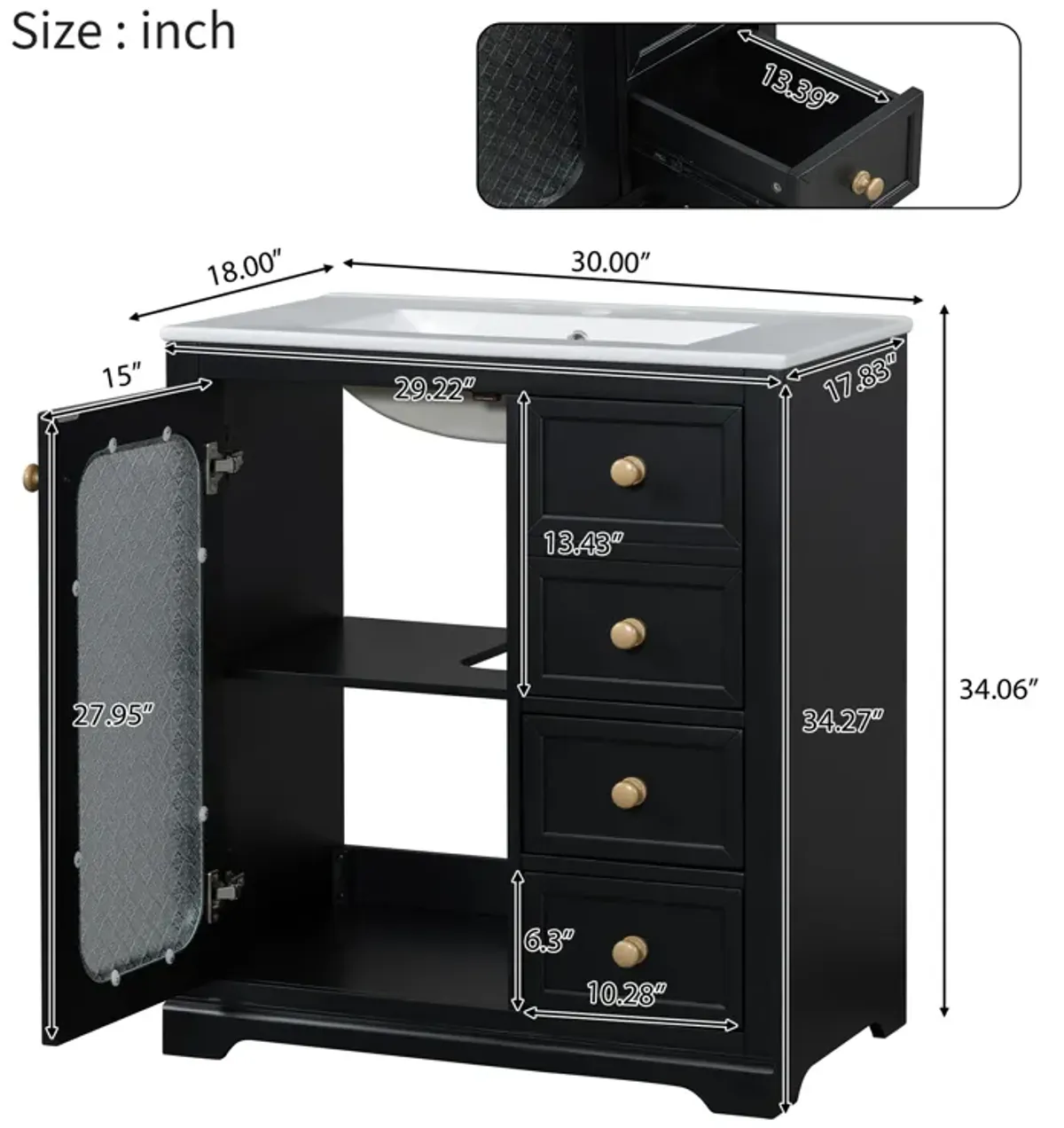 Gewnee 30-inch bathroom vanity with a soft close glass door, adjustable shelves, and three drawers