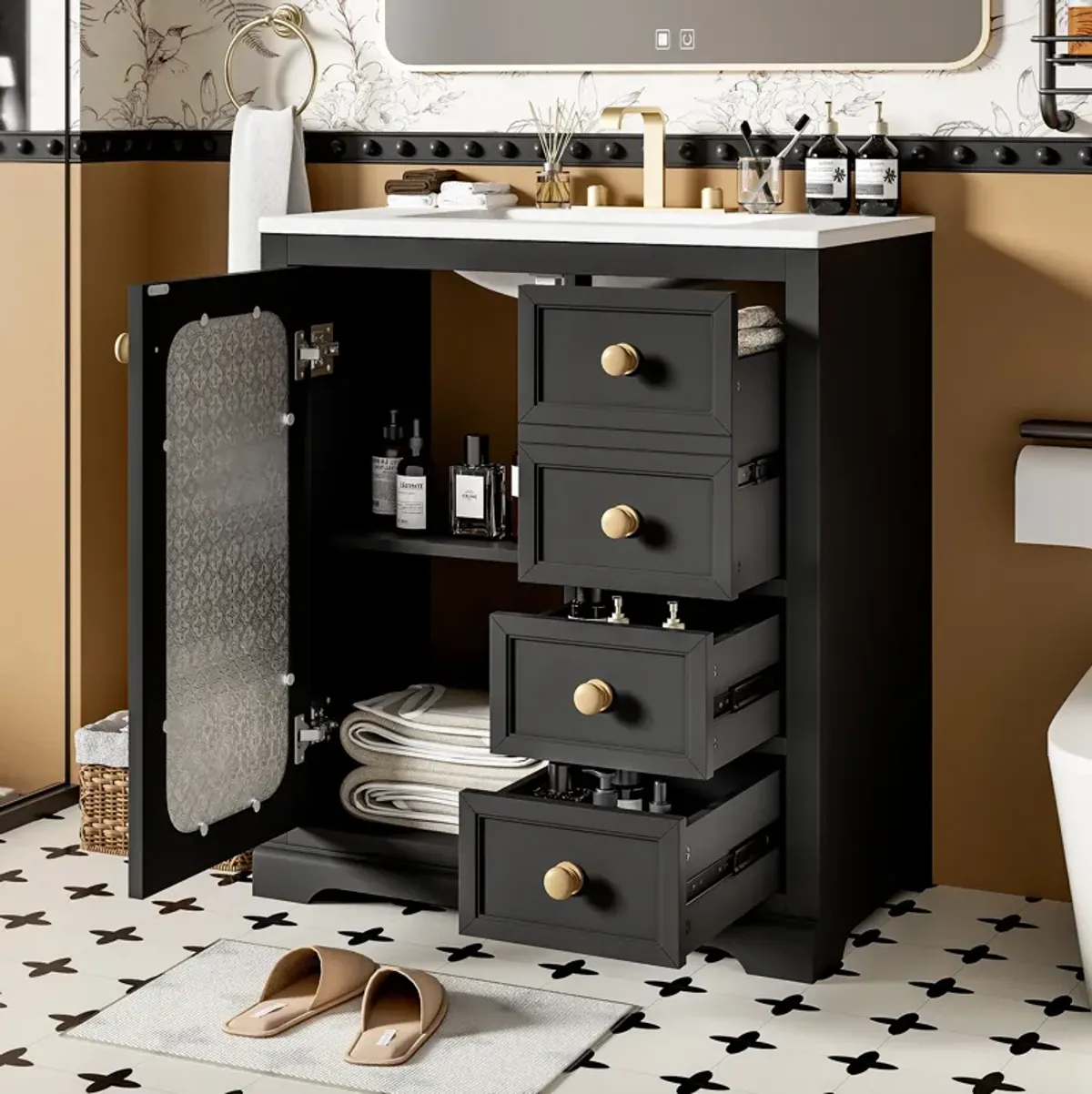 Gewnee 30-inch bathroom vanity with a soft close glass door, adjustable shelves, and three drawers