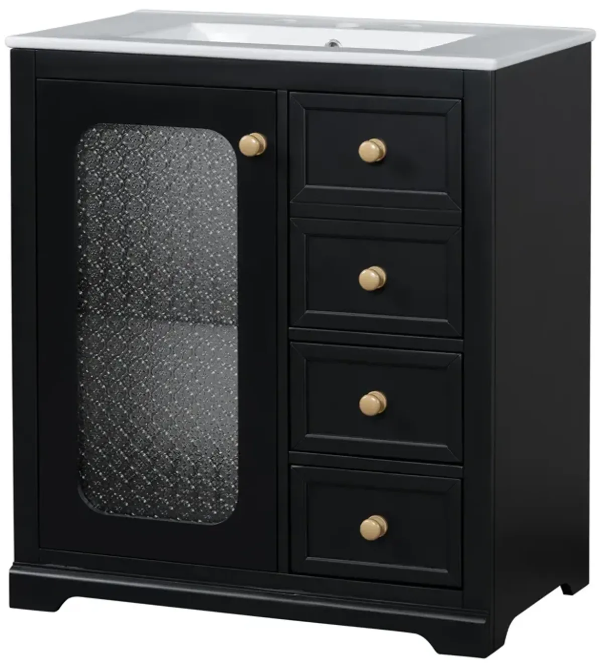 Gewnee 30-inch bathroom vanity with a soft close glass door, adjustable shelves, and three drawers