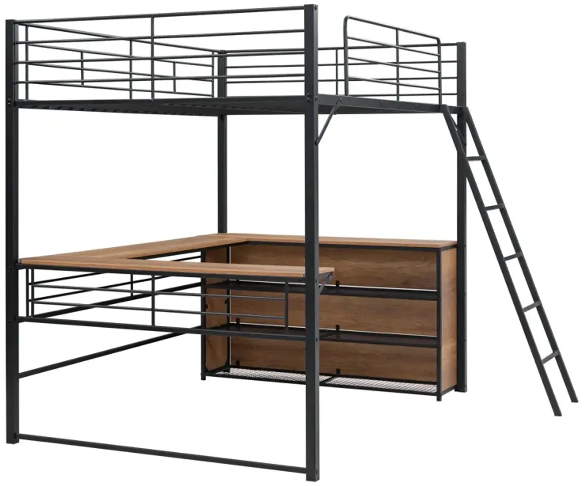 Full Size Metal Loft Bed With 3 Layers Of Shelves And L-Shaped Desk