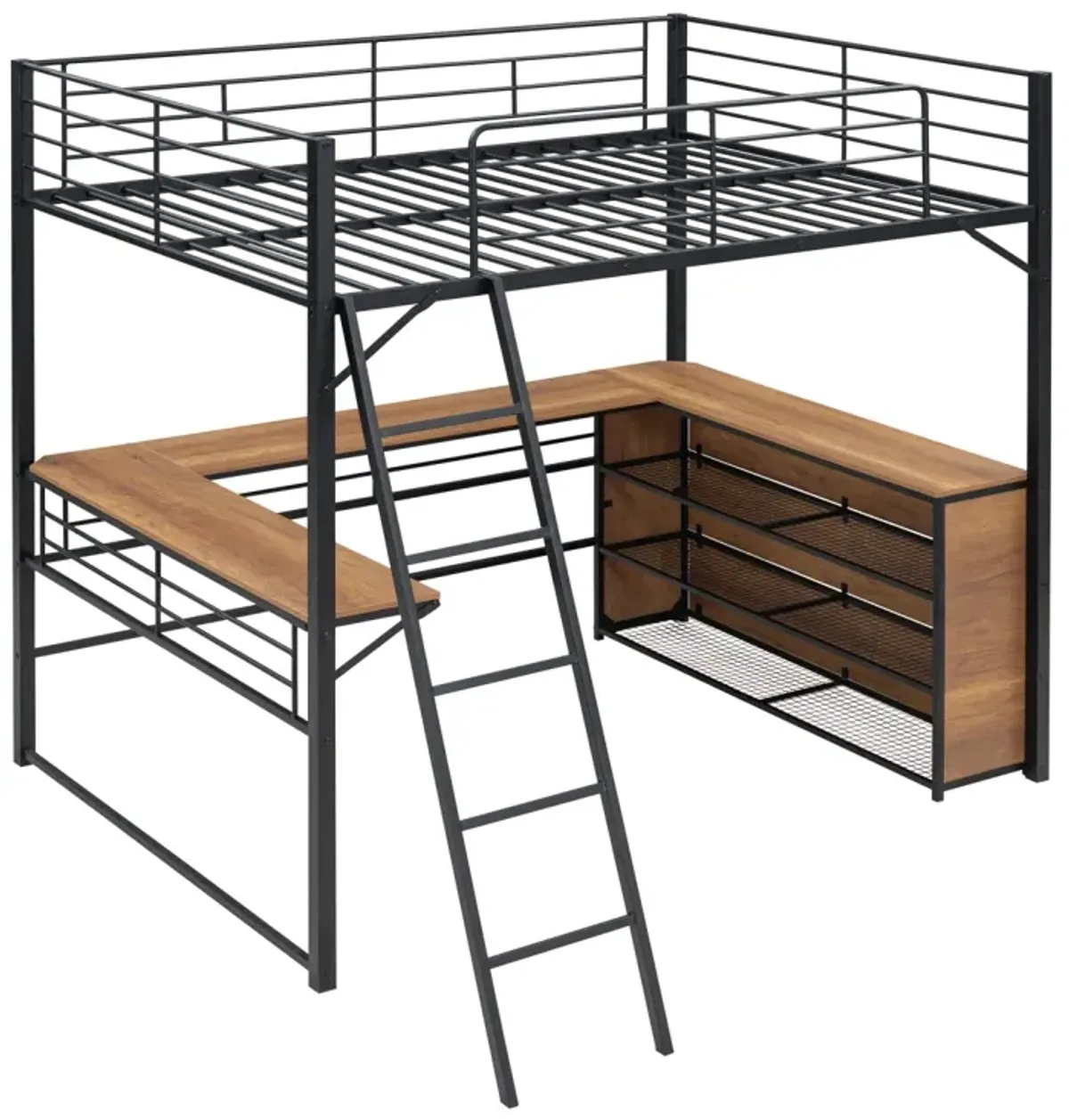 Full Size Metal Loft Bed With 3 Layers Of Shelves And L-Shaped Desk