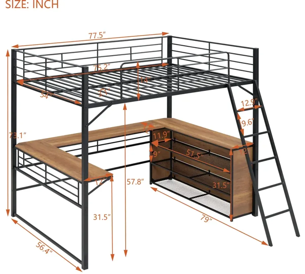 Full Size Metal Loft Bed With 3 Layers Of Shelves And L-Shaped Desk