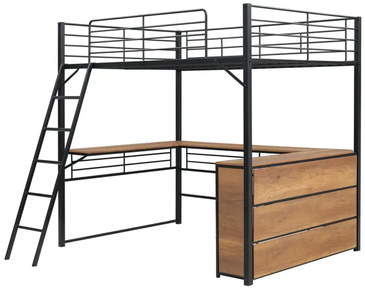 Full Size Metal Loft Bed With 3 Layers Of Shelves And L-Shaped Desk