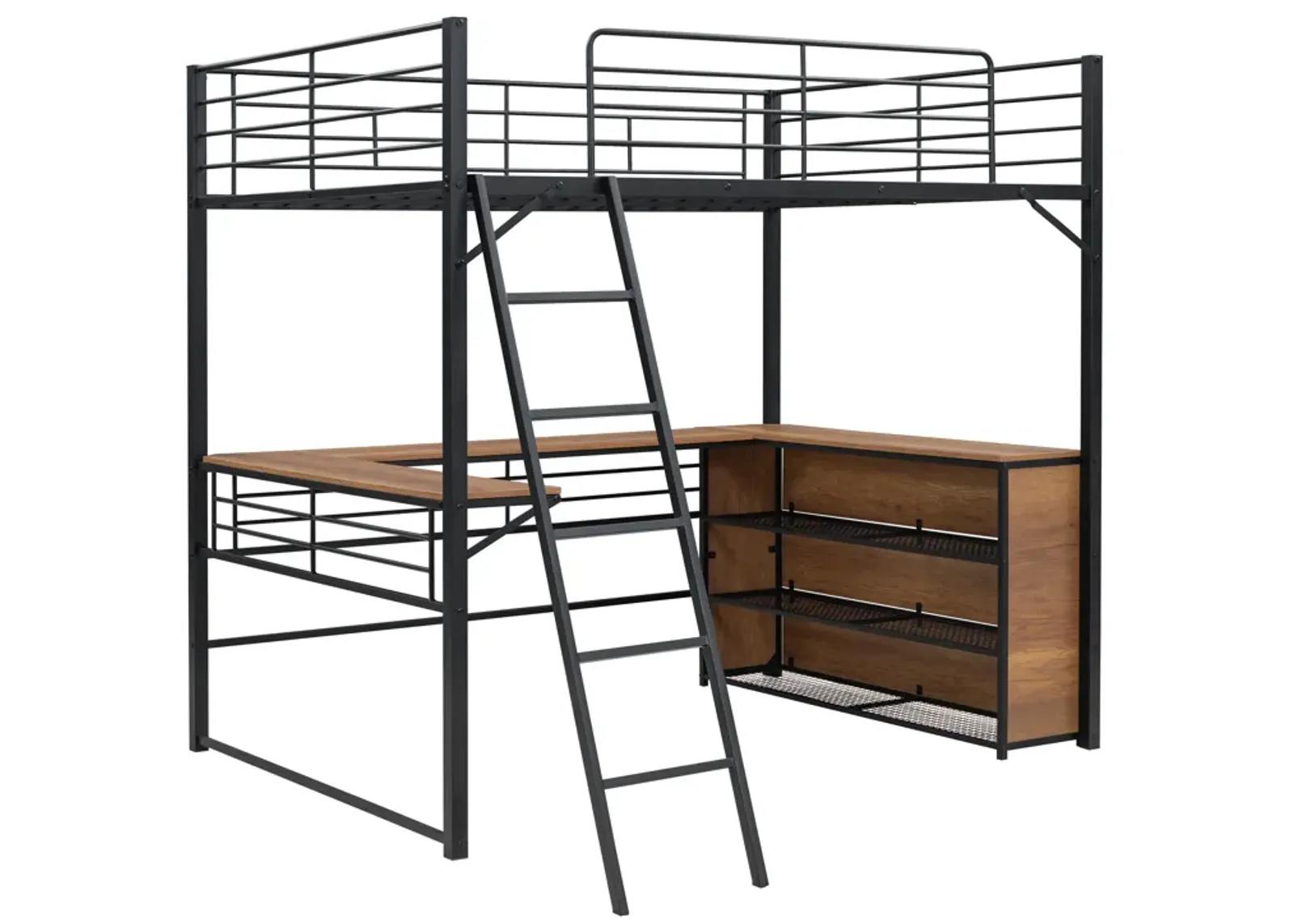 Full Size Metal Loft Bed With 3 Layers Of Shelves And L-Shaped Desk