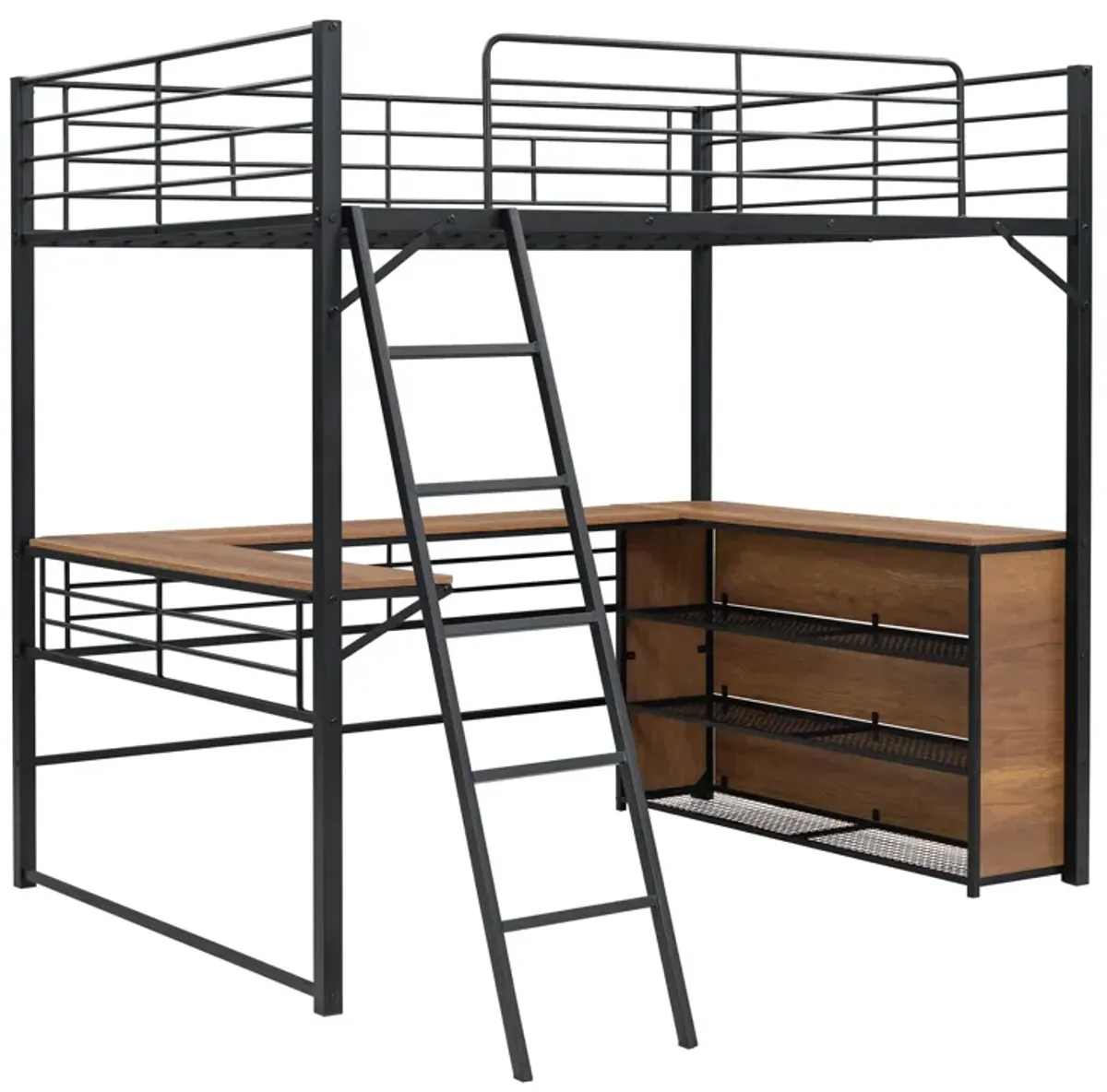 Full Size Metal Loft Bed With 3 Layers Of Shelves And L-Shaped Desk