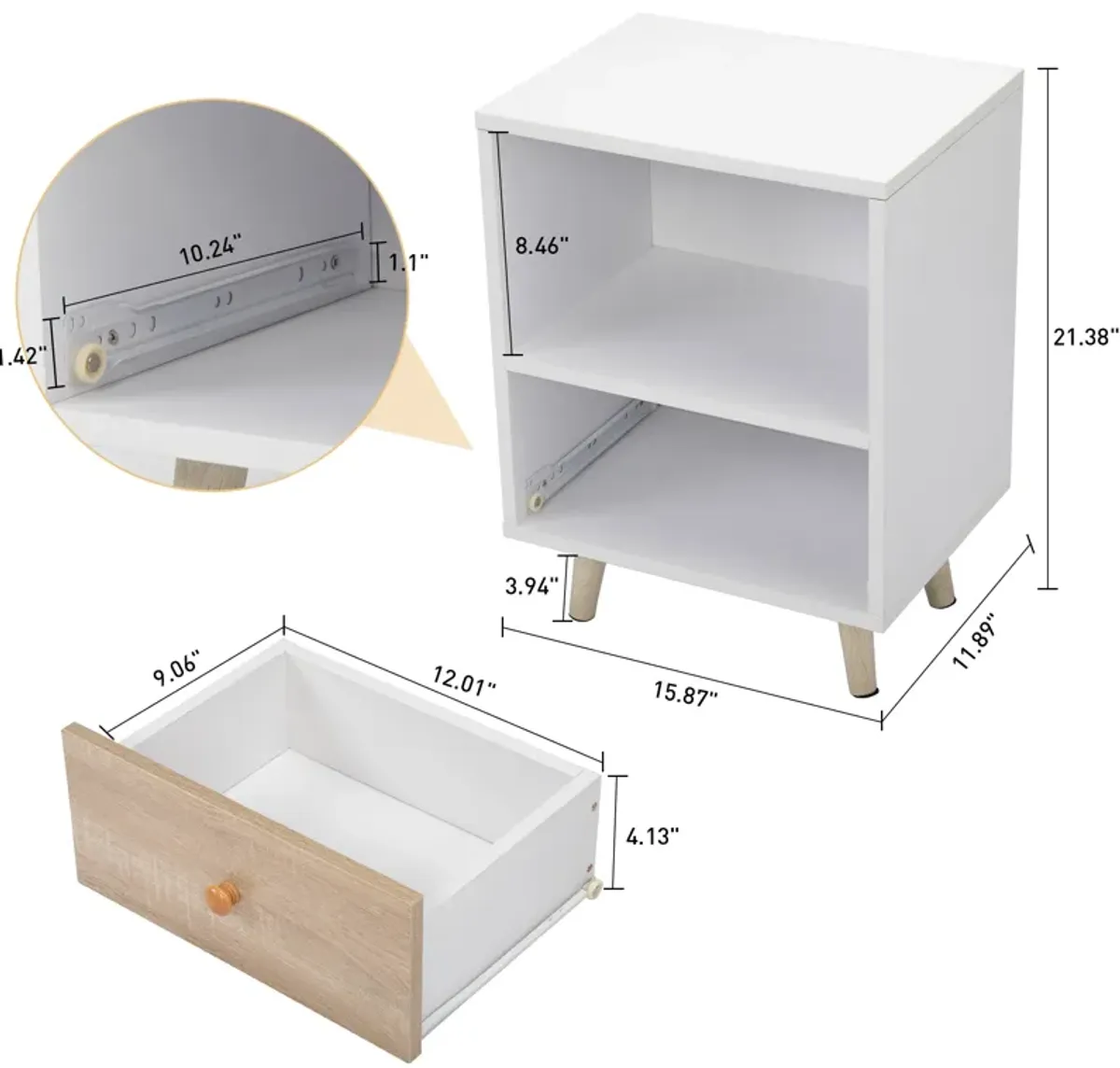 Jaxpety Single Drawer Nightstand 2pcs White