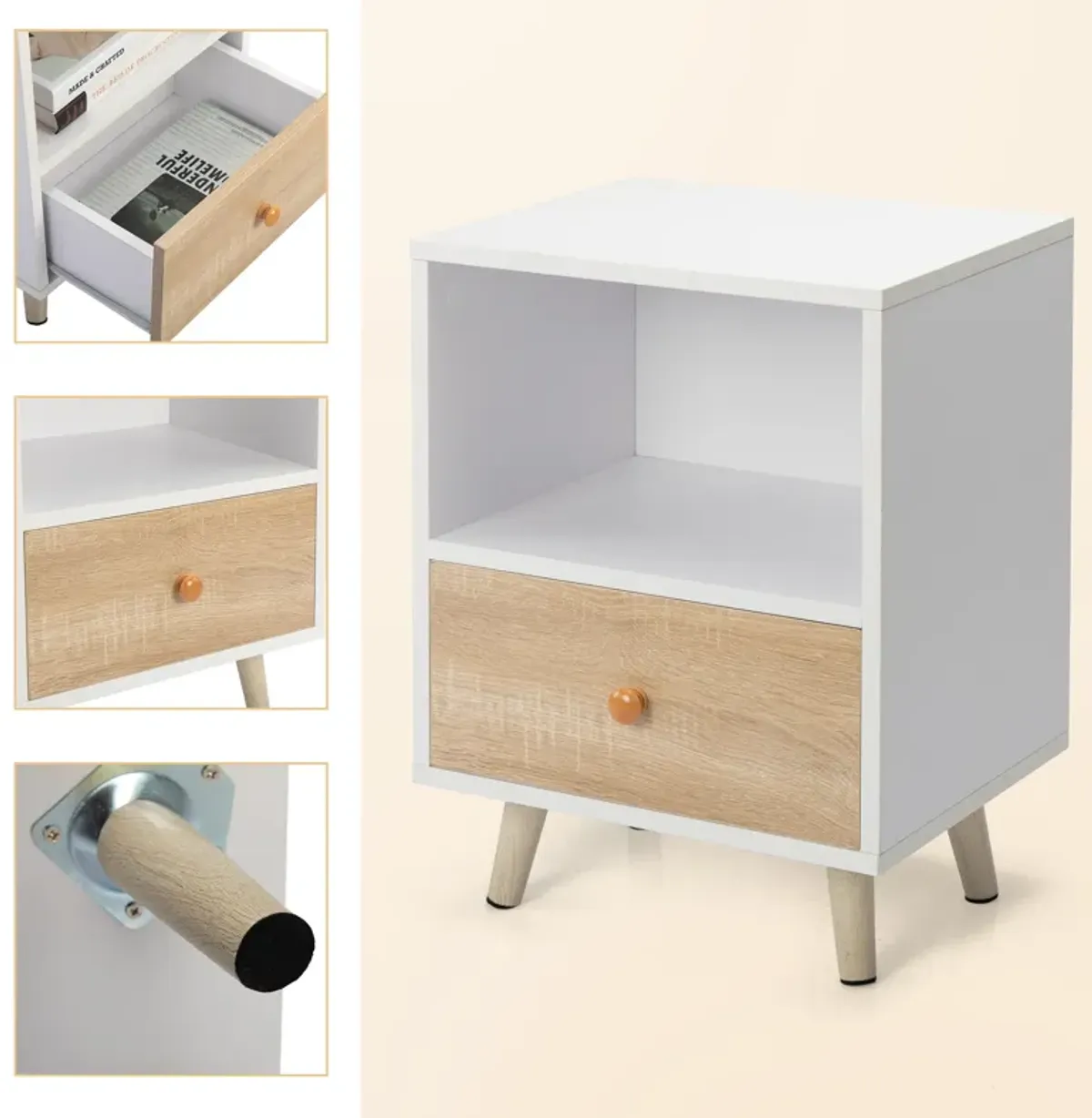 Jaxpety Single Drawer Nightstand 2pcs White