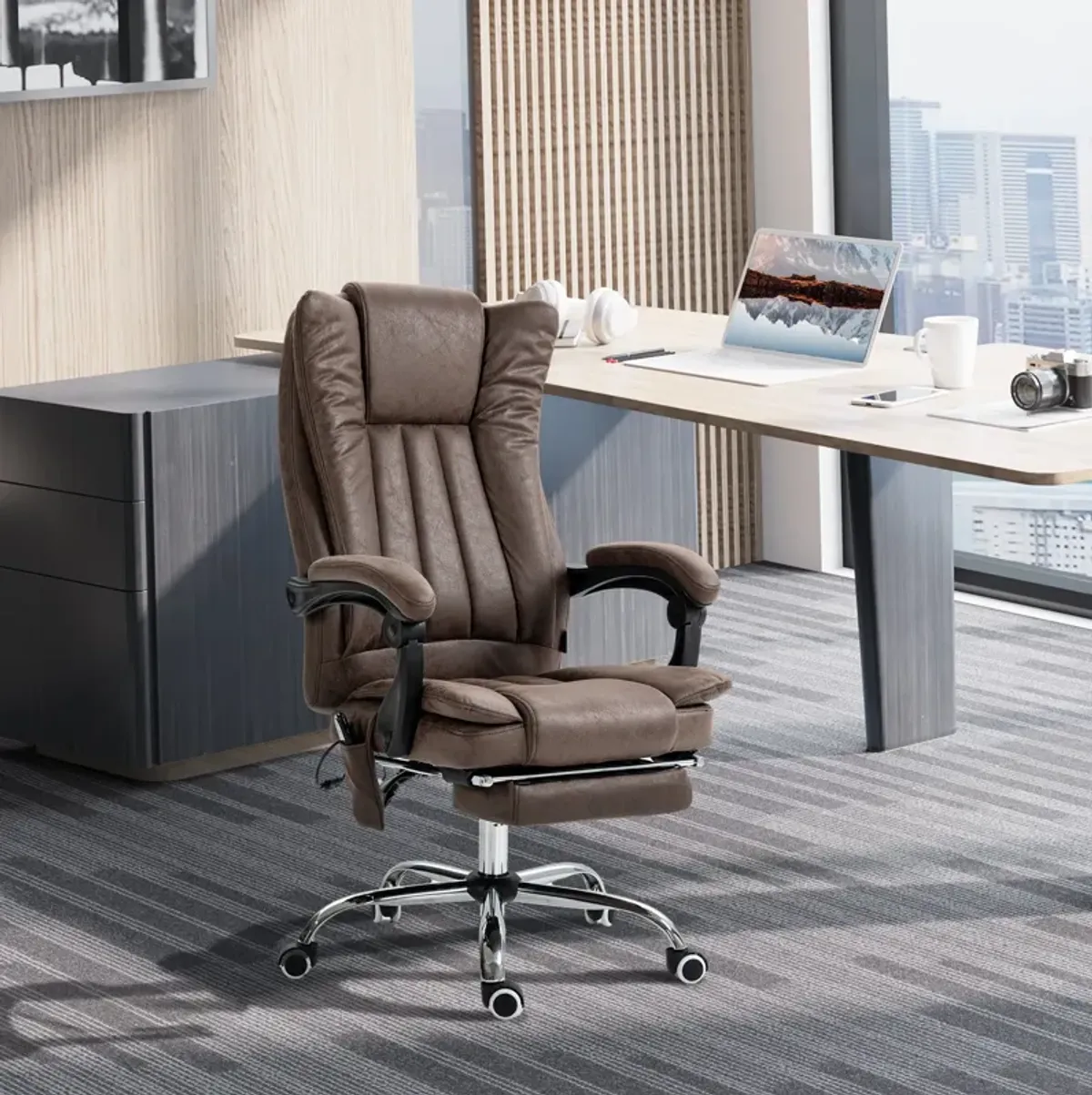 Coffee Microfiber Office Chair: Heated, 6 Point Adjustment