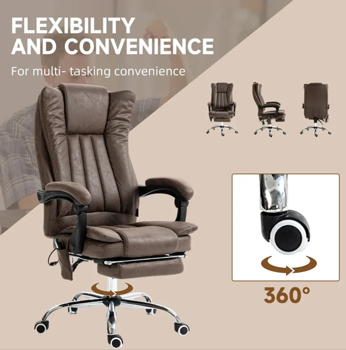 Coffee Microfiber Office Chair: Heated, 6 Point Adjustment