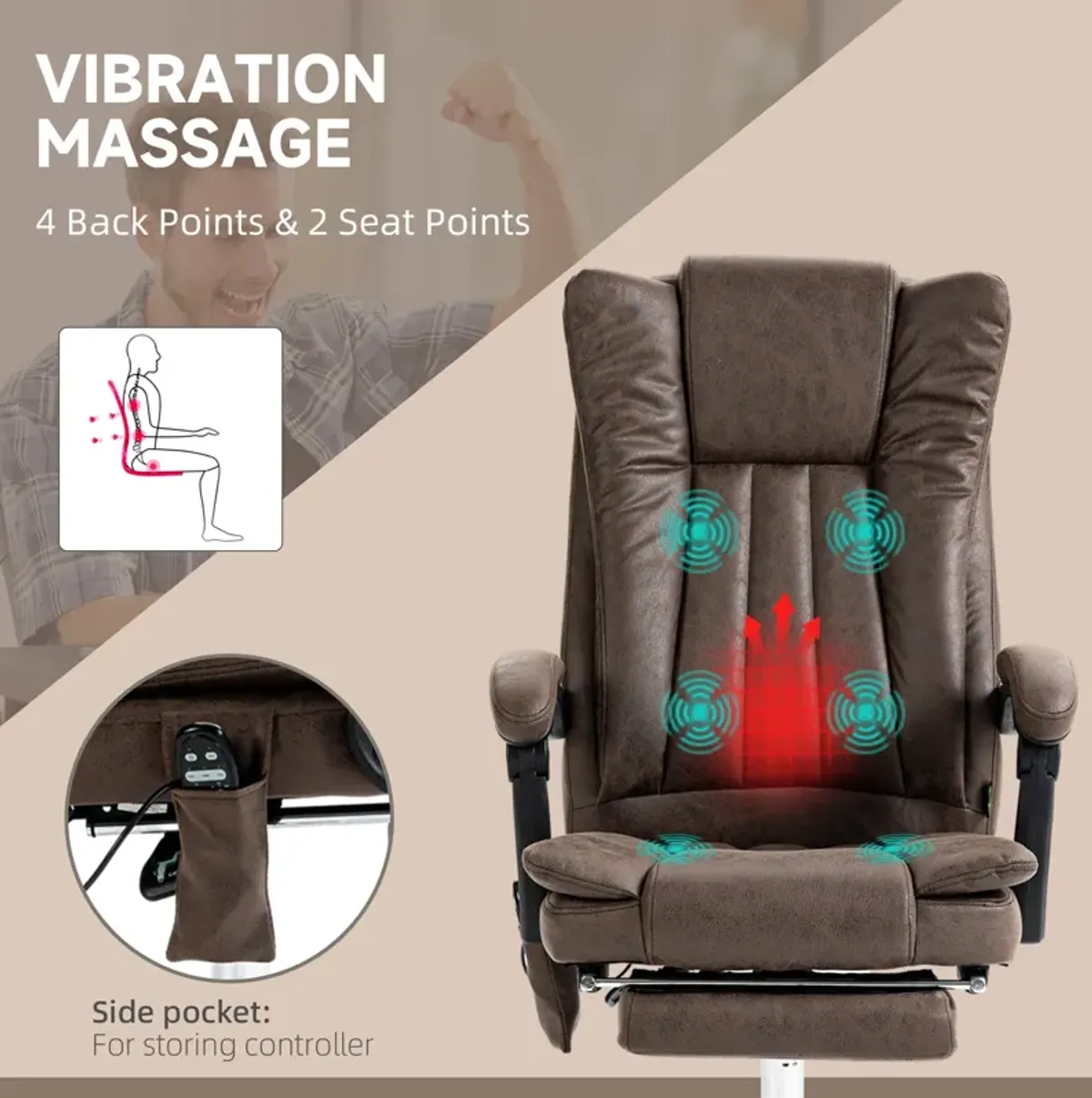 Coffee Microfiber Office Chair: Heated, 6 Point Adjustment