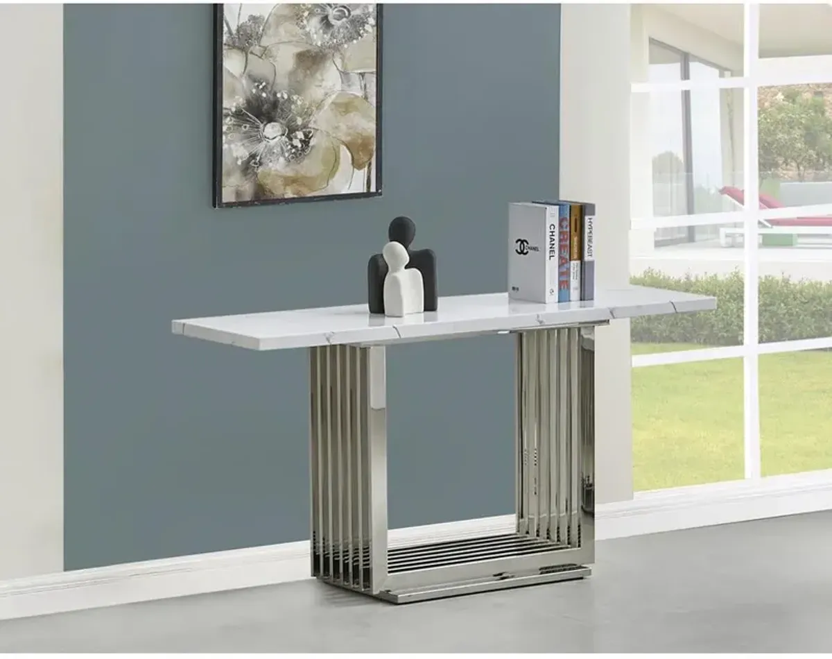 White marble top console table with a silver color stainless steel base