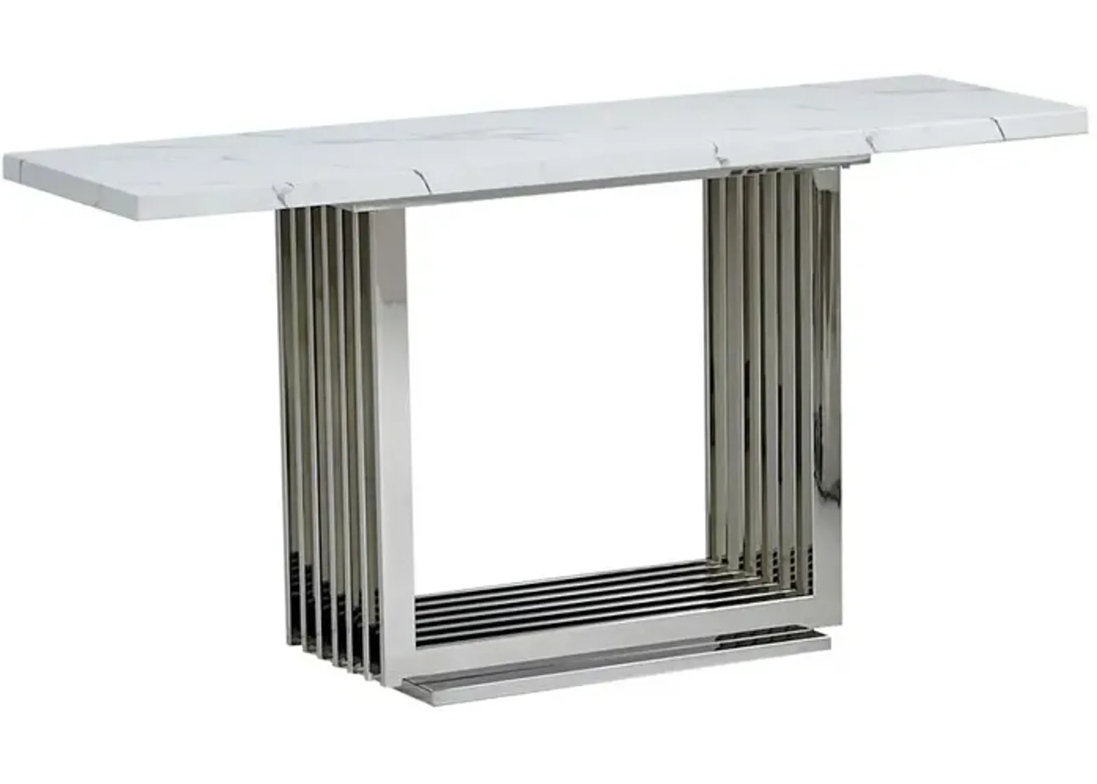 White marble top console table with a silver color stainless steel base