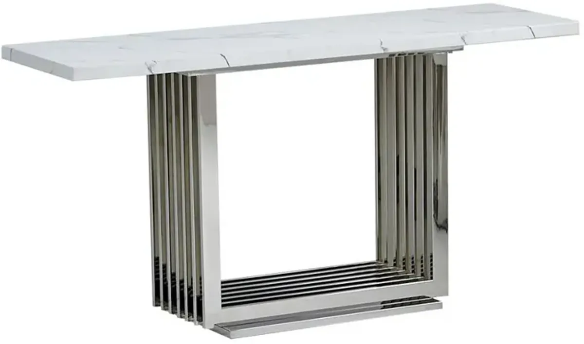 White marble top console table with a silver color stainless steel base