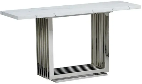 White marble top console table with a silver color stainless steel base