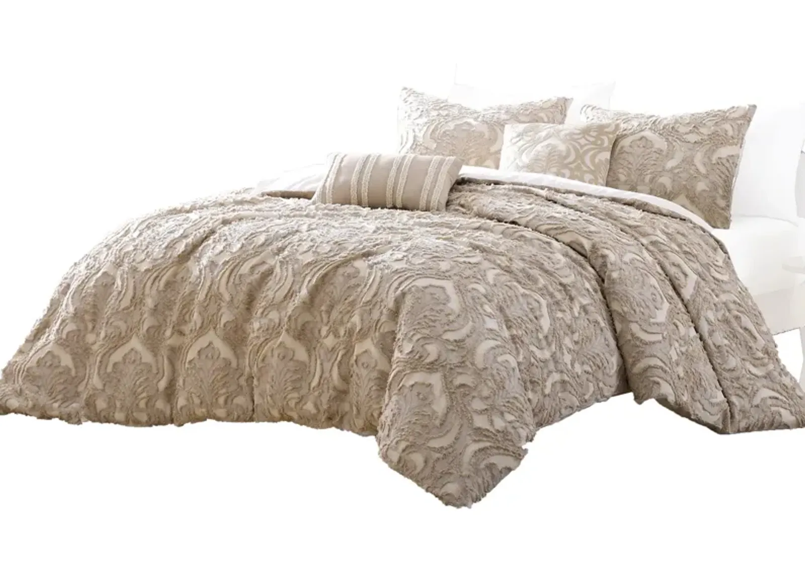 Kile Modern 6 Piece Queen Size Duvet Comforter Set, Beige Medallion Pattern - Benzara