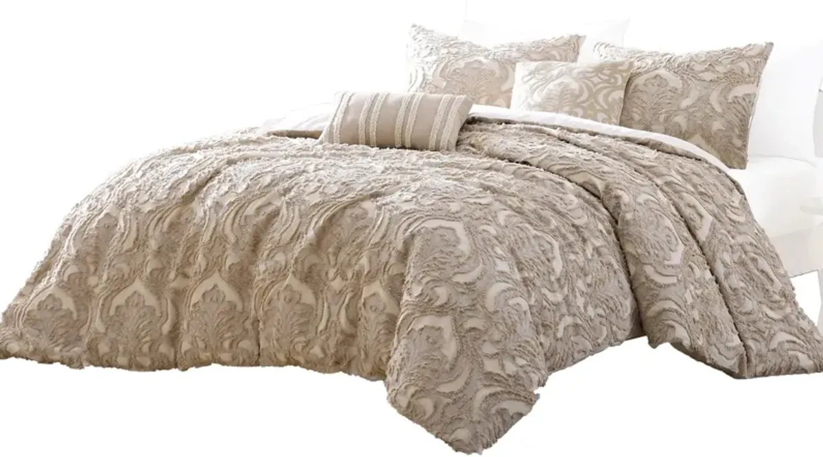 Kile Modern 6 Piece Queen Size Duvet Comforter Set, Beige Medallion Pattern - Benzara