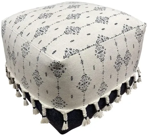 Hivvago 18 Inch Natural And Navy Blue Cotton Medallion Pouf Ottoman