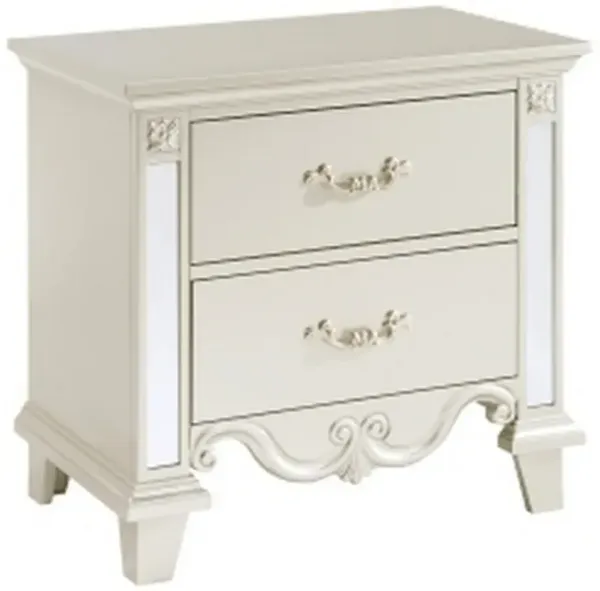 Xeni 28 Inch Nighstand, 2 Drawers, Scrolled and Mirror Accent, Champagne - Benzara