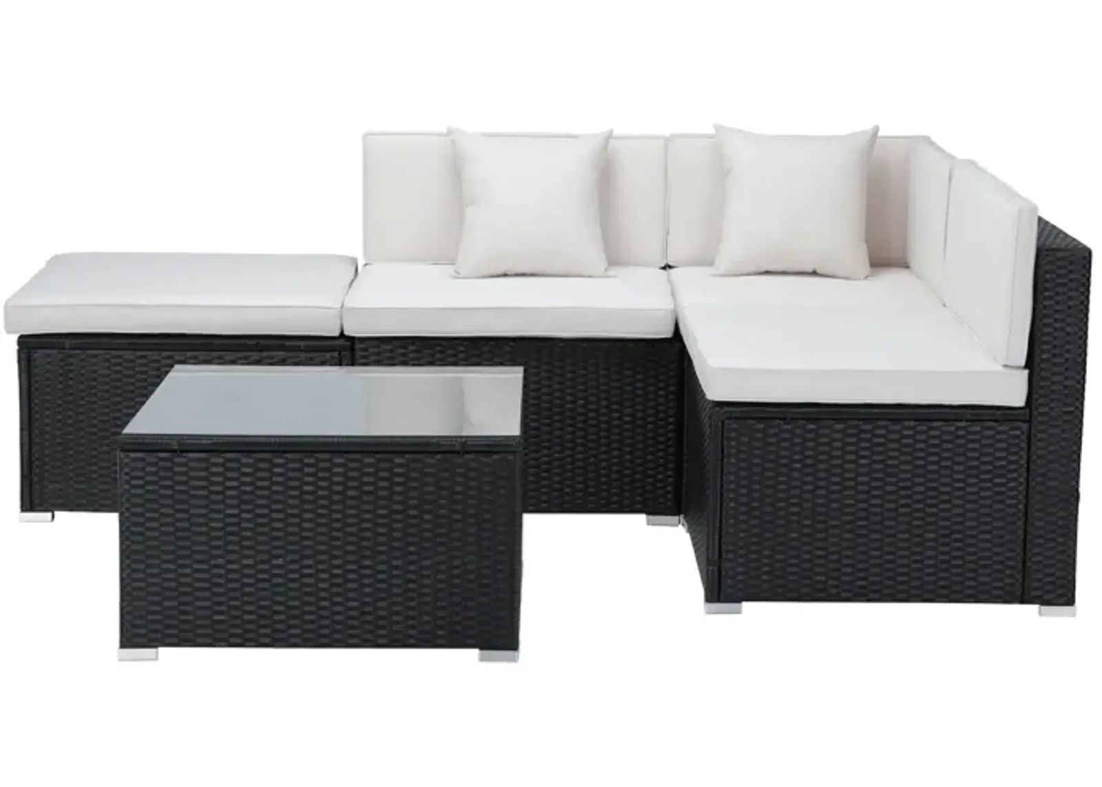 MONDAWE 5-Piece Outdoor Patio L-Shaped Sectional Sofa Set with Black Rattan Wicker & Beige Cushion