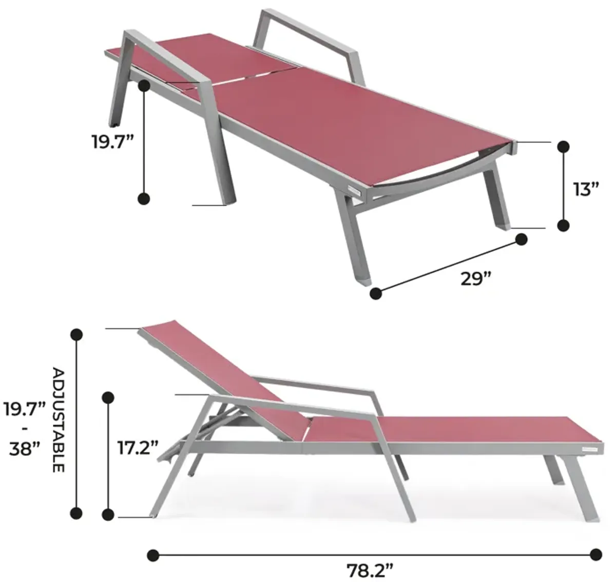 LeisureMod Marlin Patio Chaise Lounge Chair With Armrests in Grey Aluminum Frame