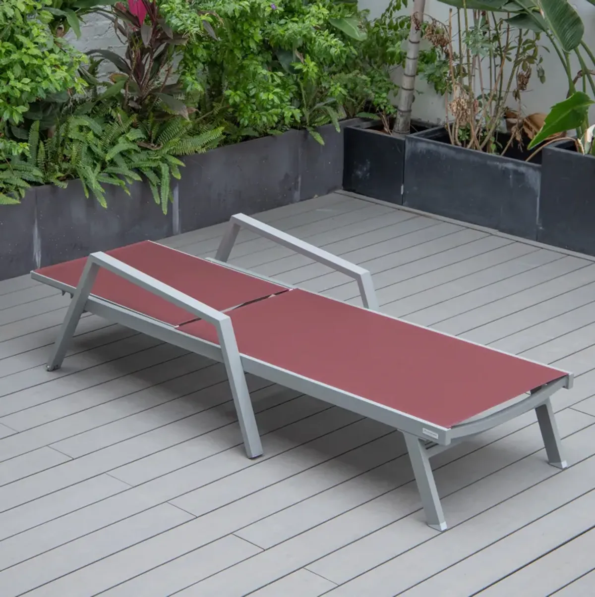 LeisureMod Marlin Patio Chaise Lounge Chair With Armrests in Grey Aluminum Frame