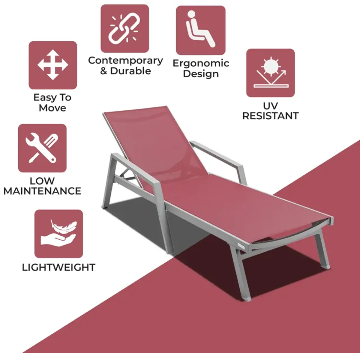 LeisureMod Marlin Patio Chaise Lounge Chair With Armrests in Grey Aluminum Frame