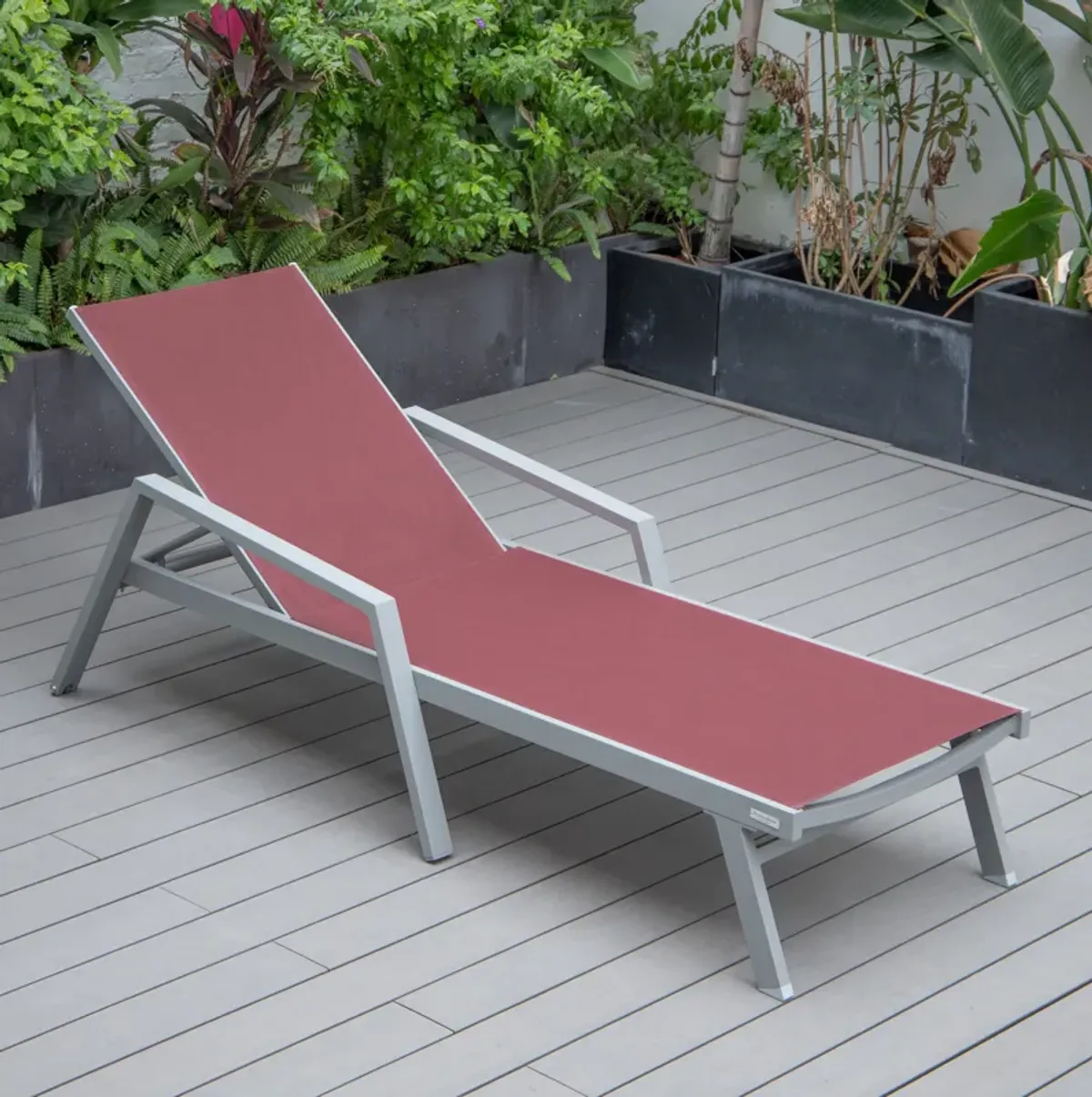 LeisureMod Marlin Patio Chaise Lounge Chair With Armrests in Grey Aluminum Frame