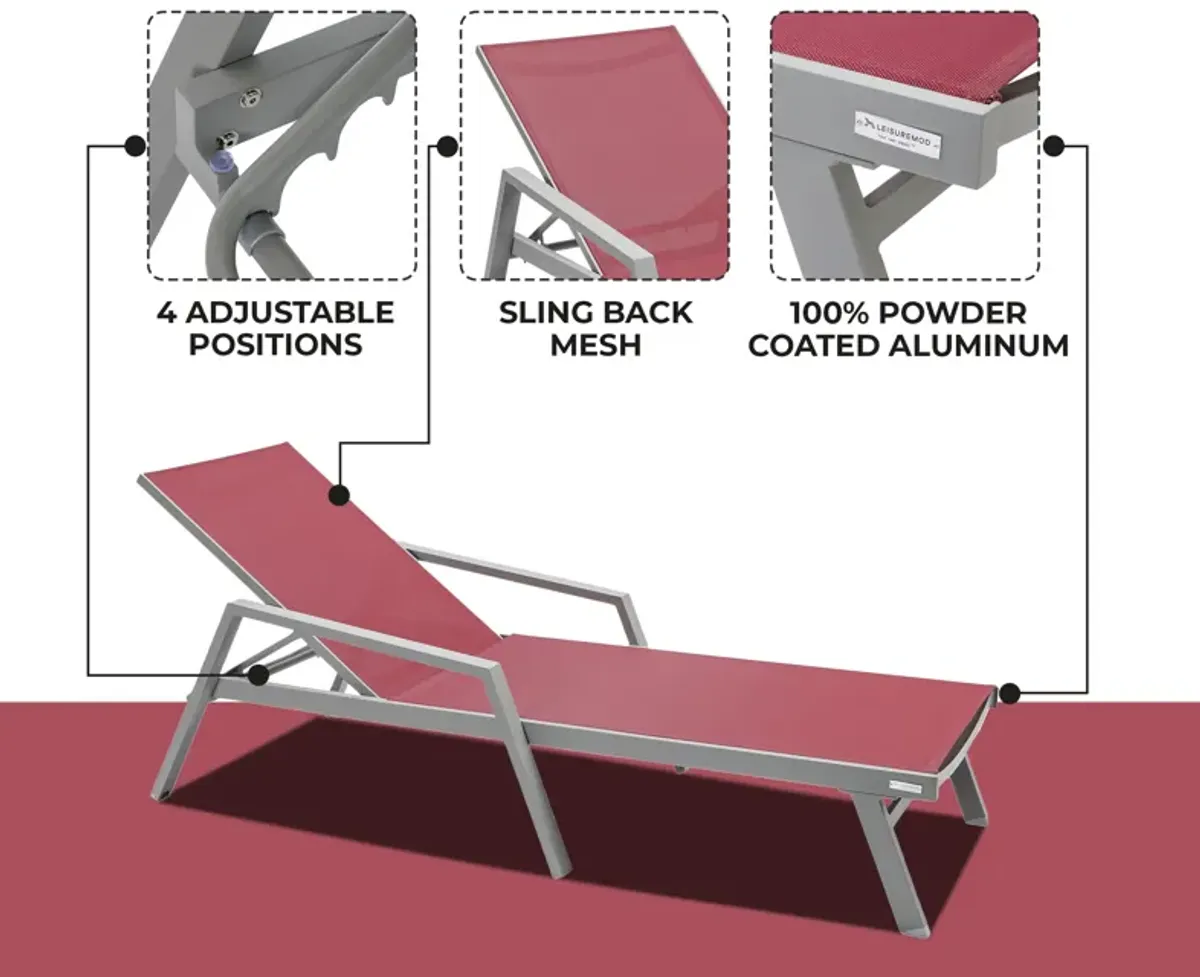 LeisureMod Marlin Patio Chaise Lounge Chair With Armrests in Grey Aluminum Frame