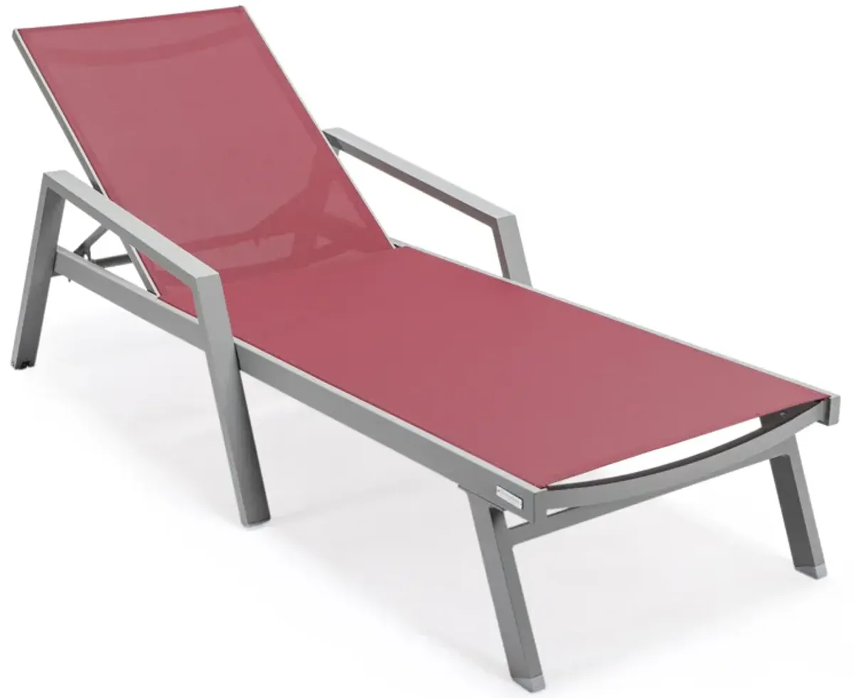 LeisureMod Marlin Patio Chaise Lounge Chair With Armrests in Grey Aluminum Frame