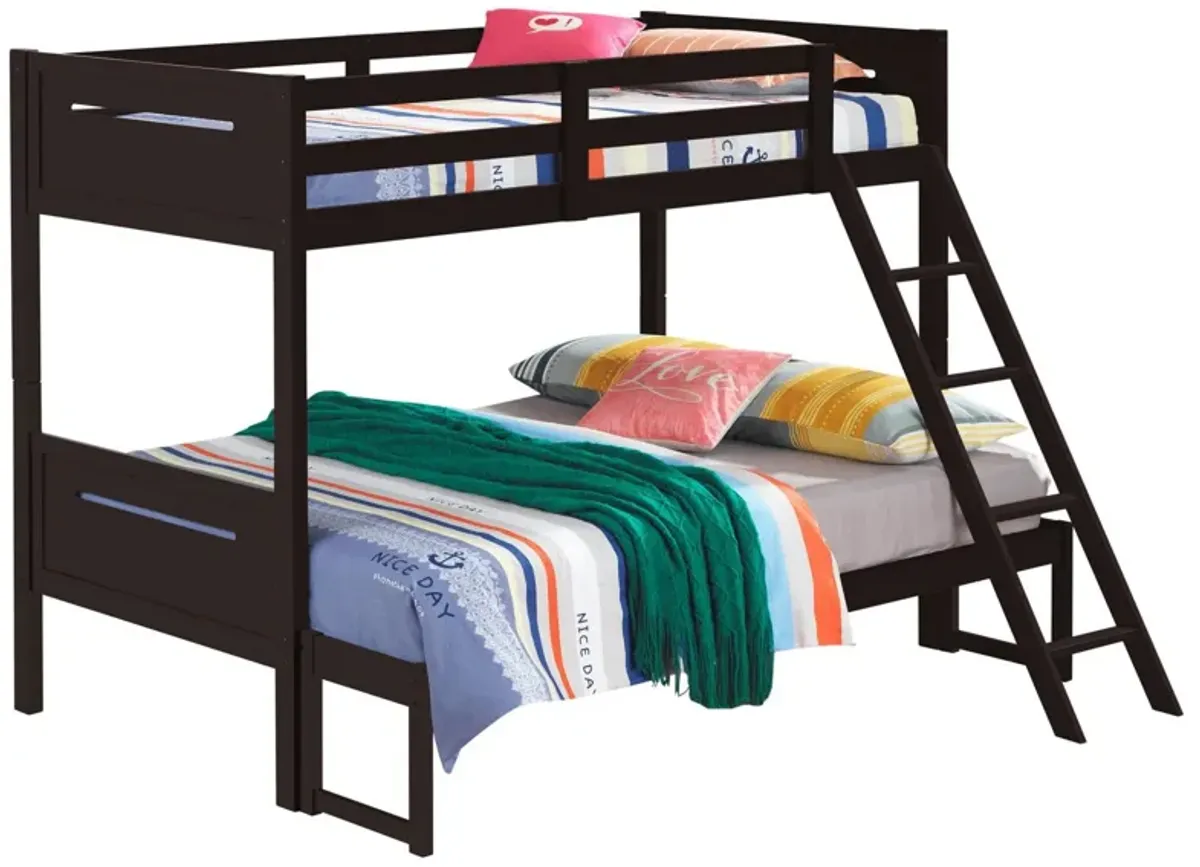 Amey Twin over Full Bunk Bed, Guard Rails, Attached Ladder, Brown Wood - Benzara