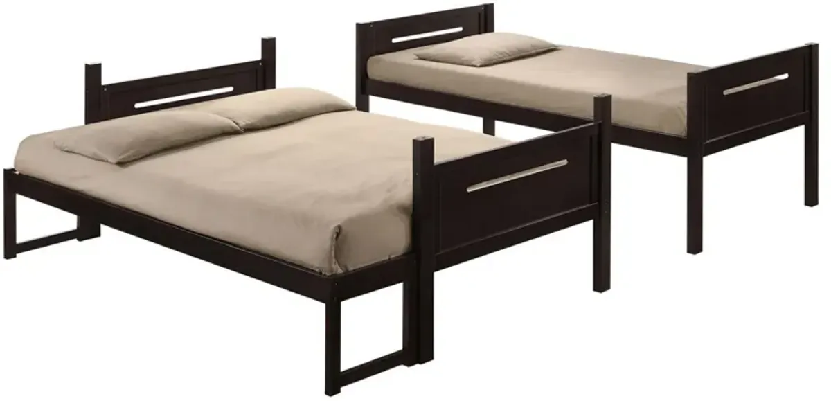 Amey Twin over Full Bunk Bed, Guard Rails, Attached Ladder, Brown Wood - Benzara