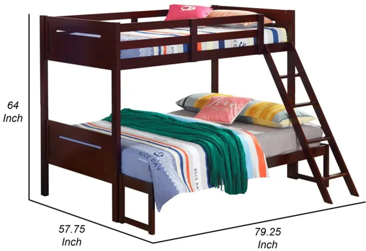 Amey Twin over Full Bunk Bed, Guard Rails, Attached Ladder, Brown Wood - Benzara