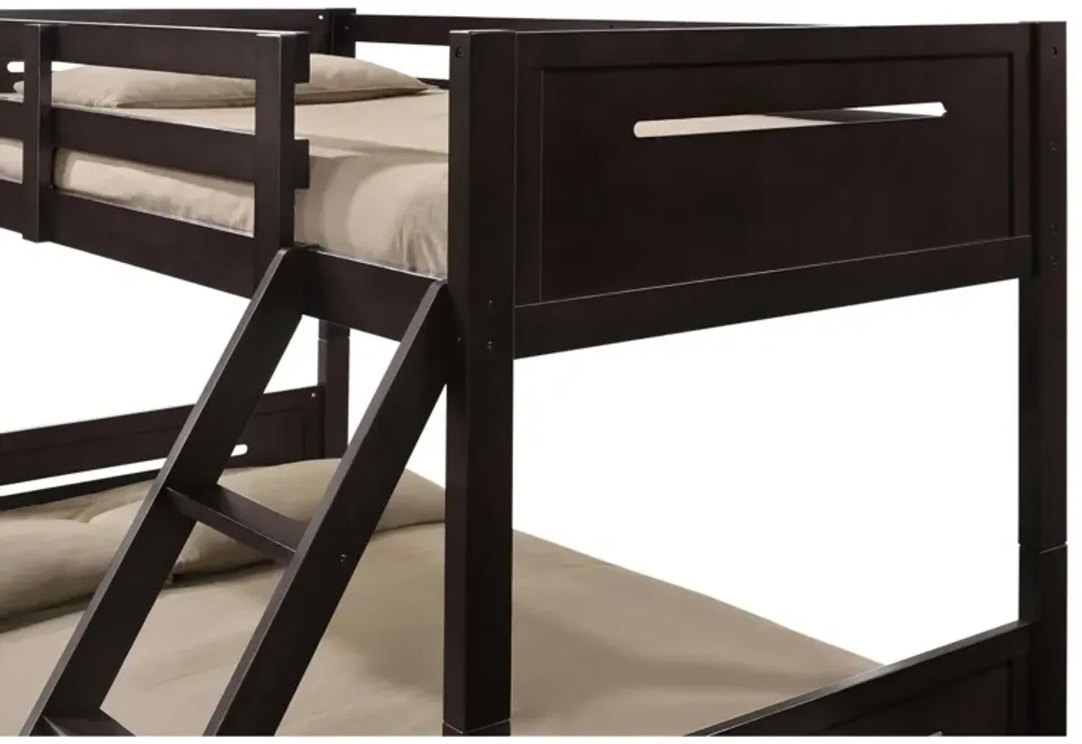 Amey Twin over Full Bunk Bed, Guard Rails, Attached Ladder, Brown Wood - Benzara