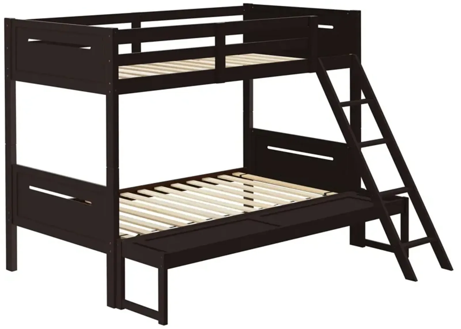 Amey Twin over Full Bunk Bed, Guard Rails, Attached Ladder, Brown Wood - Benzara